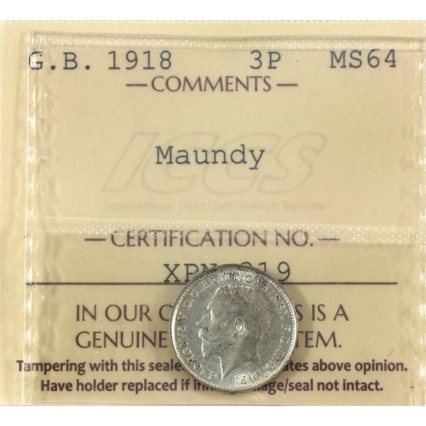Great Britain Silver 1918 3 Pence Maundy ICCS MS64