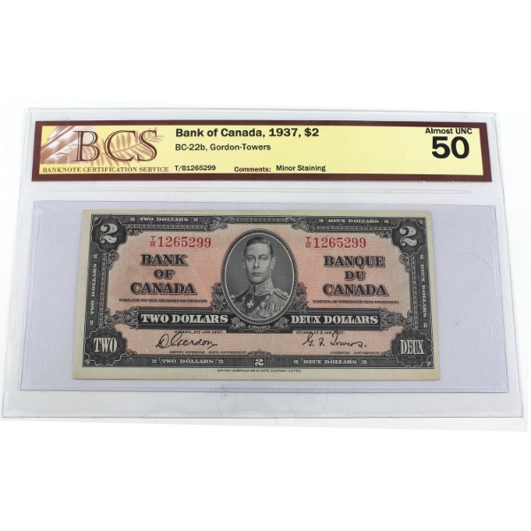 BC-22b 1937 $2 BCS AU50 Gordon-Towers SN: T/B1265299