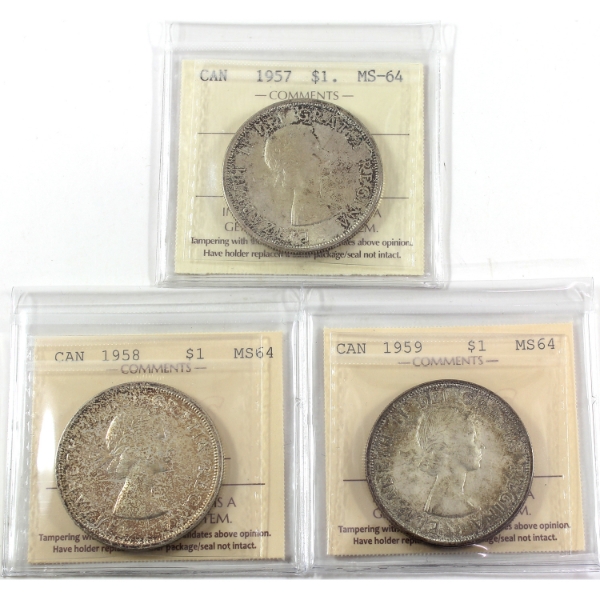 Silver $1 1957, 1958, & 1959 ICCS MS64. 3pcs.
