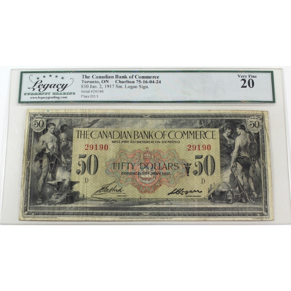75-16-04-24 1917 $50 Canadian Bank of Commerce Small Logan Sign. Legacy VF20 Aird-Logan SN: 29190