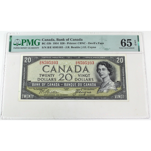 BC-33b 1954 $20 Devil's Face PMG GEM UNC65 EPQ Beattie-Coyne SN: B/E8595103