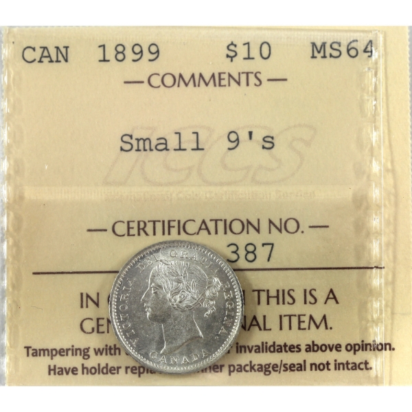 10-cent 1899 Small 9's ICCS MS64