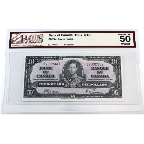 BC-24c 1937 $10 BCS AU50 Original Coyne-Towers SN:E/T7032337