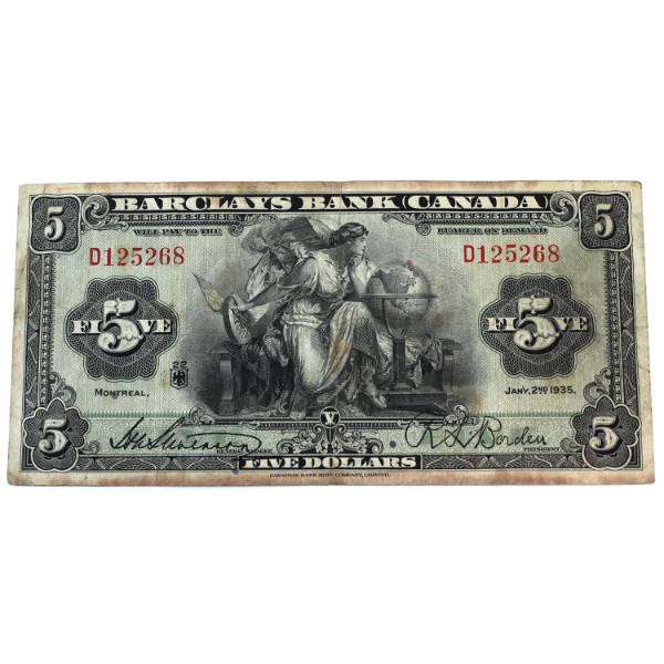 30-12-02 1935 $5 Barclays Bank Fine Stevenson-Borden SN: D125268 