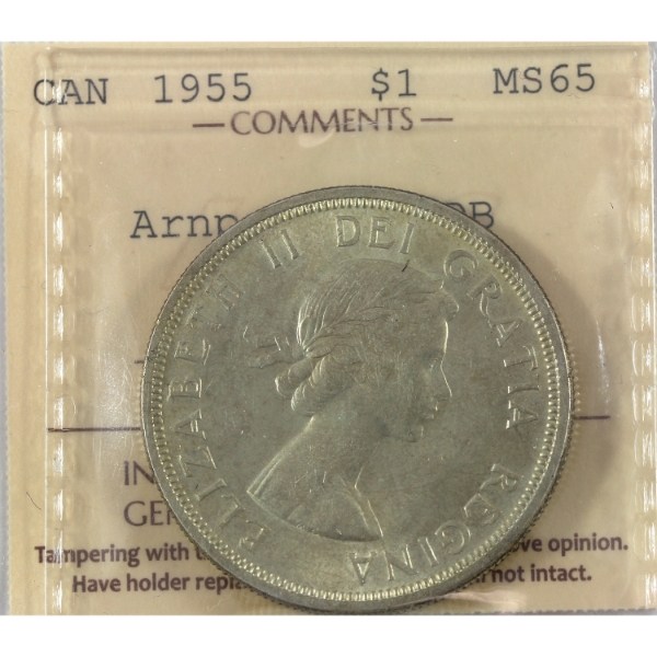 Silver $1 1955 Arnprior w/ Die Break ICCS MS65