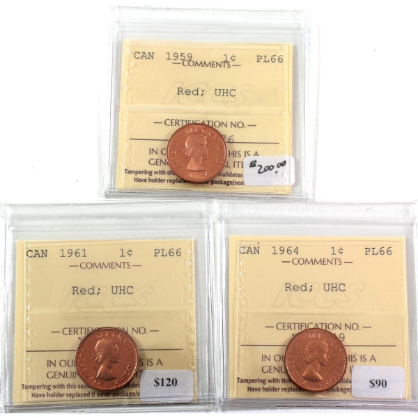 1-cent 1959, 1961 & 1964 ICCS PL66 Red UHC. 3pcs