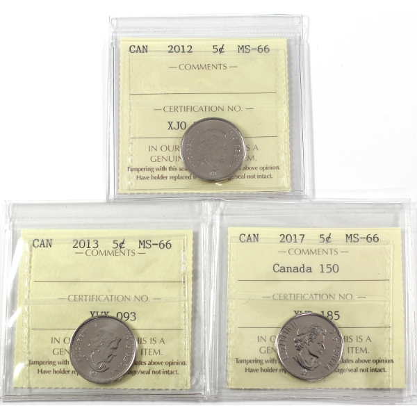 5-cent 2012-2017 ICCS MS66. 3pcs.