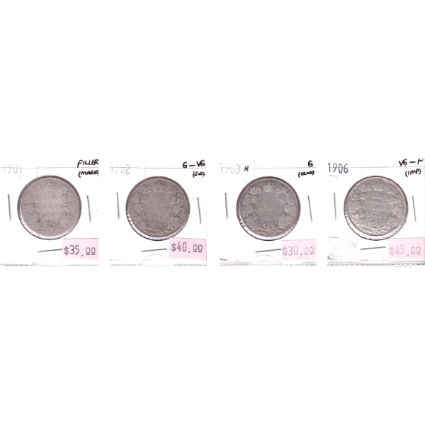 4x 50-cent 1901 Filler, 1902 G-VG, 1903H G & 1906 VG-F. 4pcs