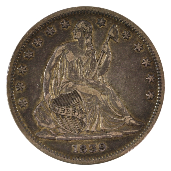 USA Silver 1839 Seated Liberty Half Dollar Drapery Extra Fine