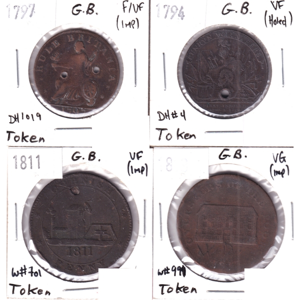 Group Lot of Great Britain 1794-1813 Tokens VG to VF. 4pcs.