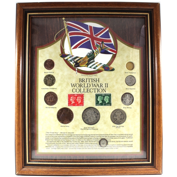 British World War II 9-Coin and 2 Stamp Collection in Wooden Frame. 