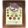 Image 1 : British World War II 9-Coin and 2 Stamp Collection in Wooden Frame. 