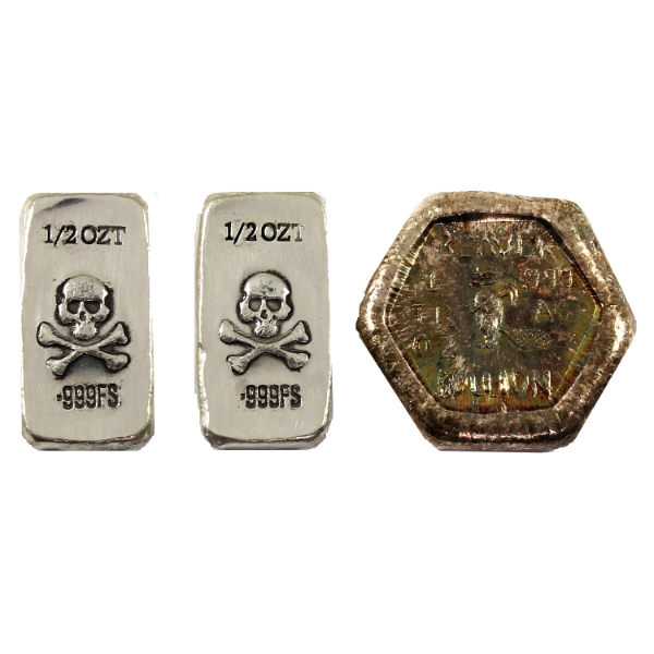 2oz Lot Total! 1oz Beaver Bullion Ingot & 2x 1/2oz RSSC Skull & Crossbones Bars .999 Fine Silver