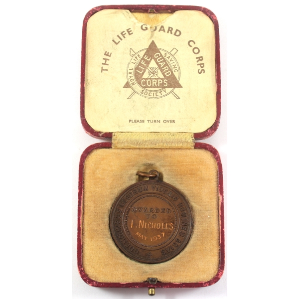 The Life Guard Corps Royal Life Saving Society Awarded to I. Nicholls May 1937 14g Bronze 32mm Medal