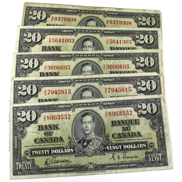 5 x BC-25b 1937 $20 Gordon-Towers. 5pcs. Sold as is.