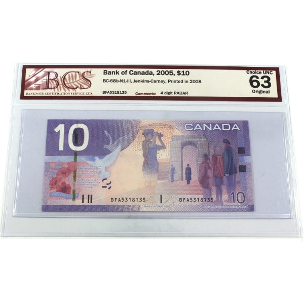 RADAR BC-68b-N1-iii 2005 $10 4-digit RADAR BCS CUNC63 Original Jenkins-Carney SN: BFA5318135
