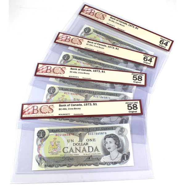 4x BC-46b 1973 $1 BCS Original Crow-Bouey AU58 SN: BCS1865870-"71 & CUNC64 SN: BCS1865872-"73. 4pcs.