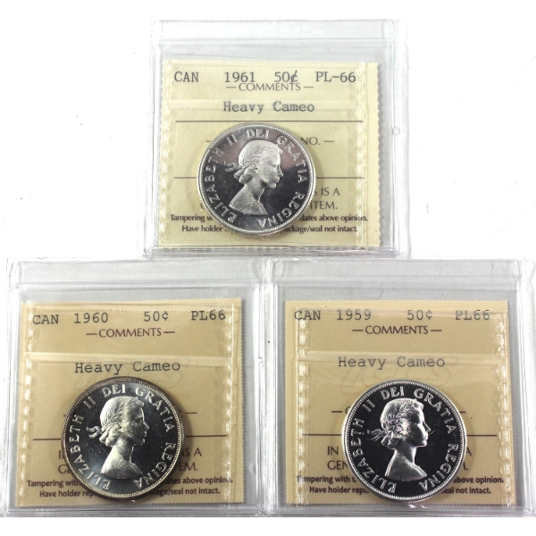 50-cent 1959, 1960, & 1961 ICCS PL66 Heavy Cameo. 3pcs.