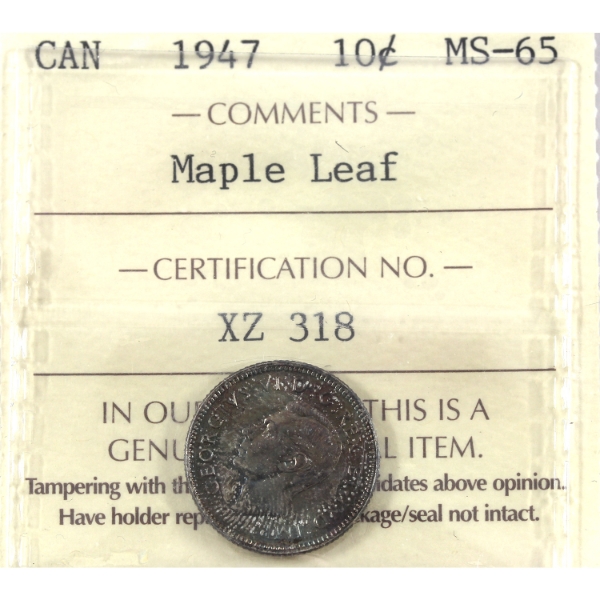 10-cent 1947 Maple Leaf ICCS MS65