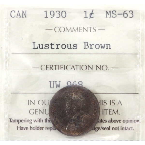 1-cent 1930 ICCS MS63 Lustrous Brown 