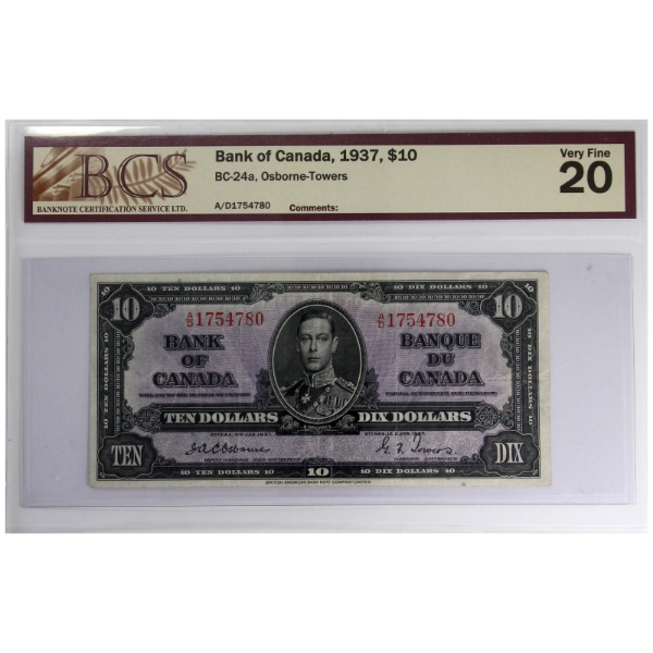 BC-24a 1937 $10 BCS VF20 Osborne-Towers SN: A/D1754780