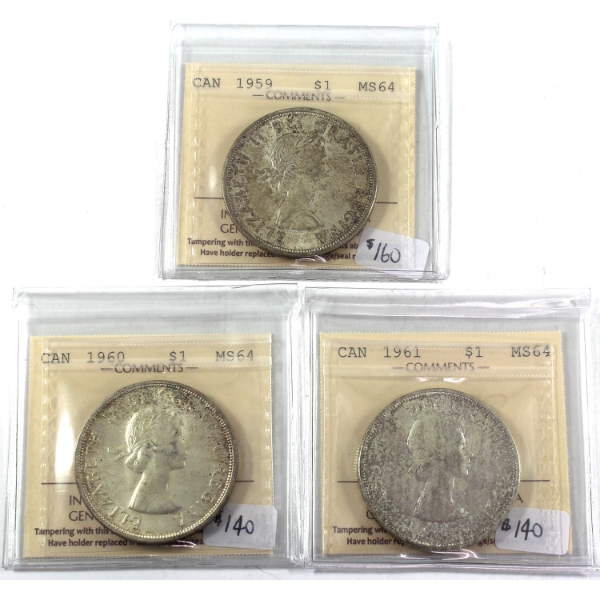 Silver $1 1959, 1960 & 1961 ICCS MS64. 3pcs