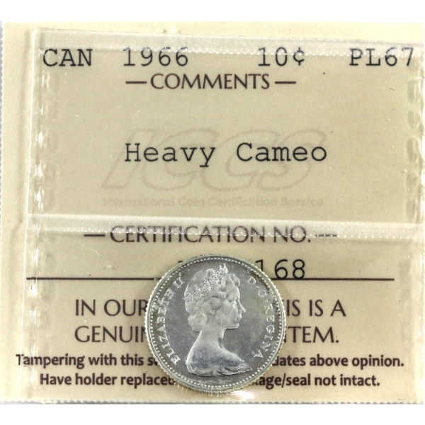 10-cent 1966 ICCS PL67 Heavy Cameo