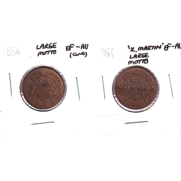 USA 1864 2-cents K. Martin Large Motto & Large Motto (clnd) EF-AU. 2pcs.