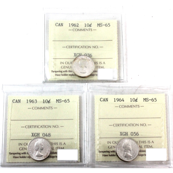 10-cent 1962, 1963 & 1964 ICCS MS65. 3pcs