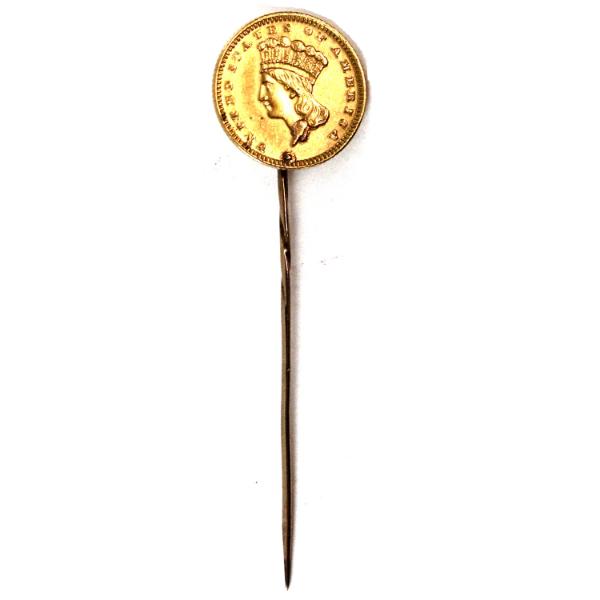 USA 1889 Gold Dollar on 10K Gold Straight Pin
