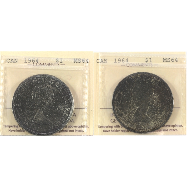 Silver $1 1964 ICCS MS64. 2pcs.