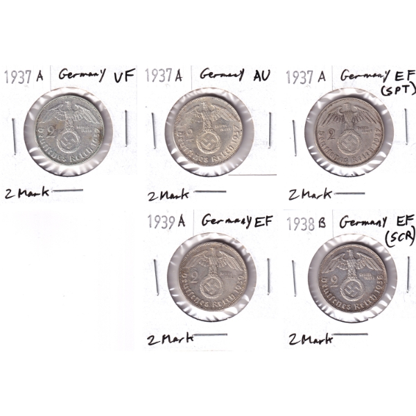 Group Lot of Germany Silver 1937-1939 2 Mark VF to AU. 5pcs.