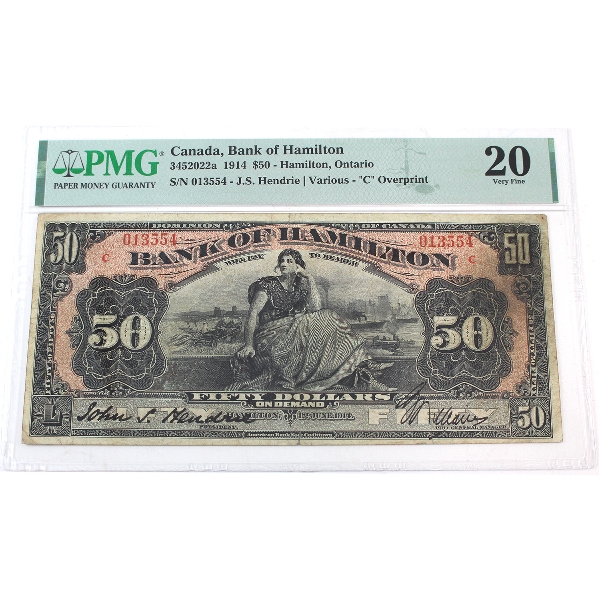 345-20-22a 1914 $50 Bank Of Hamilton PMG VF20 Hendrie-Various, Test Note "C" Overprint