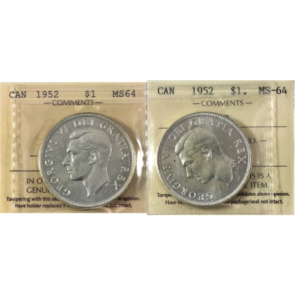 Silver $1 1952 NWL & WL ICCS MS64. 2pcs