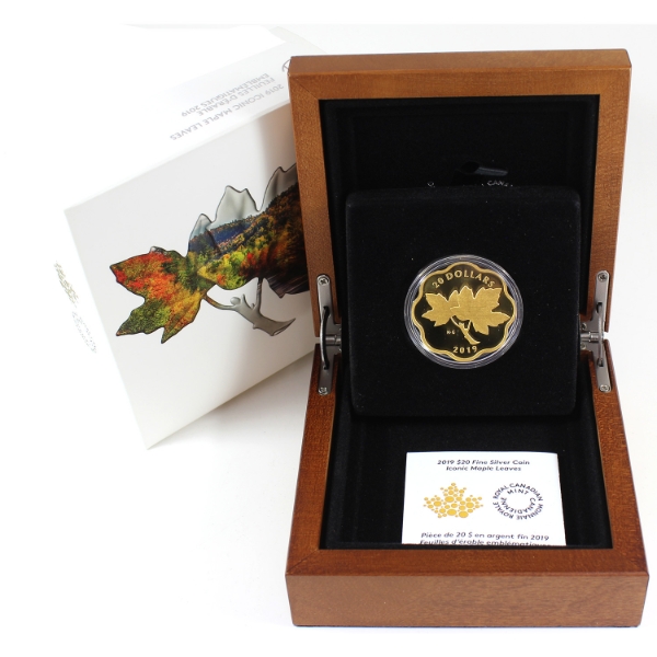 2019 $20 Iconic Maple Leaves .9999 Fine Silver Coin w/ Full Gold Plating (Tax Exempt)