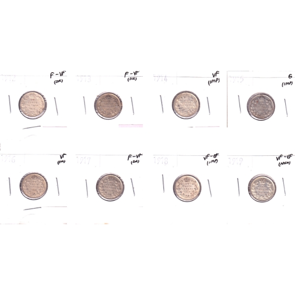 10-cent 1912-1919 Bulk Collection in 8-Pocket Sheet G to VF-EF. 8pcs