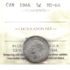Image 1 : 5-cent 1946 ICCS MS64