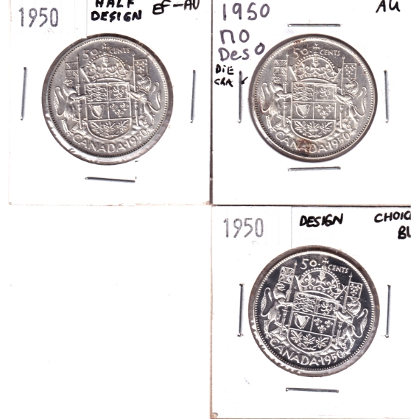 3x 50-cent 1950 Half Design EF-AU, No Design Die Crack AU, & Design Choice BU. 3pcs.