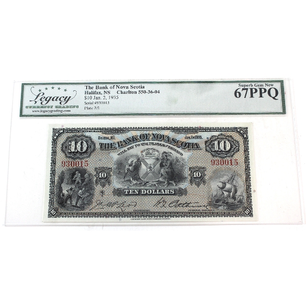 550-36-04 1935 $10 Bank of Nova Scotia Legacy Superb GEM UNC67 PPQ McLeod-Patterson SN: 930015 