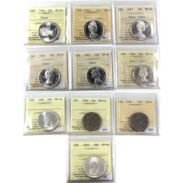 50-cent 1961-1969 ICCS MS64. 10pcs 