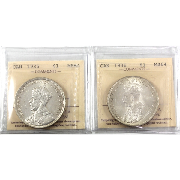 Silver $1 1935 & 1936 ICCS MS64. 2pcs.