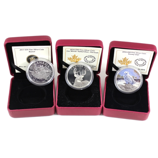 Group Lot of 2013-2016 $20 Animal Fine Silver Coins. 3pcs. (Tax Exempt)