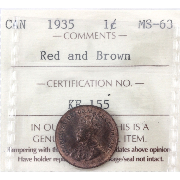 1-cent 1935 ICCS MS63 RD & BN 