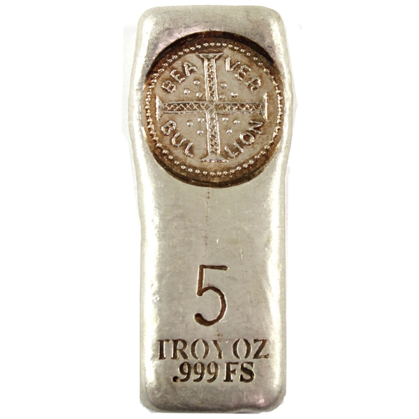 5oz Beaver Bullion .999 Fine Silver Bar w/ Stamped Design (Tax Exempt)