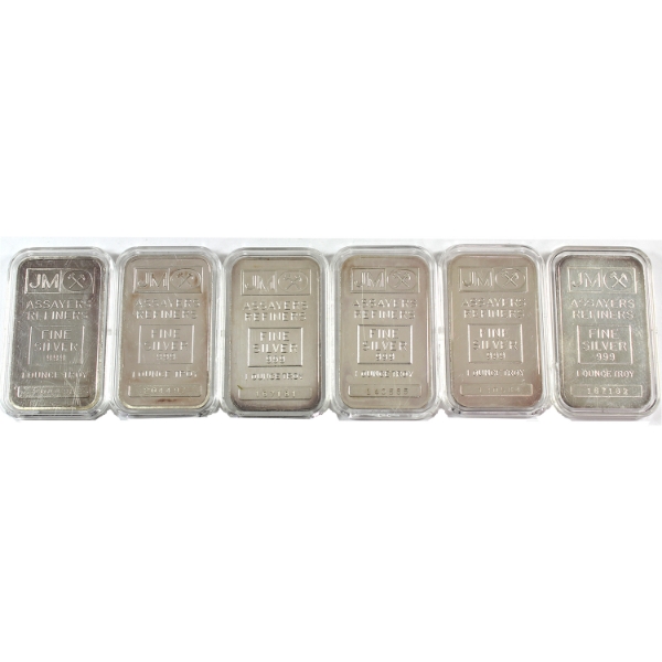 6x 1oz Johnson Matthey c.1979 Blank Back .999 Silver Bars. *3x Pairs of Consecutive SNs!* 6pcs.