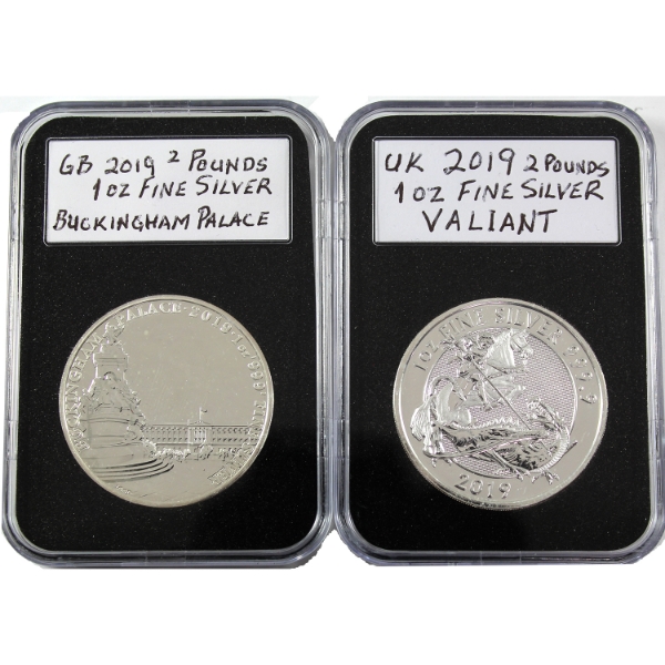 2x 1oz Great Britain 2019 2 Pounds Valiant .9999 Fine & Buckingham Palace .999 Fine Silver Rounds