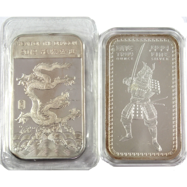 2x 1oz Samurai Warrior & 2012 Year of the Dragon .999 Fine Silver Bars. 2pcs (Tax Exempt)