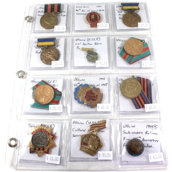 Bulk Collection of Ukraine & Soviet Union Medals & Badges in 12-Pocket Sheet. 12pcs