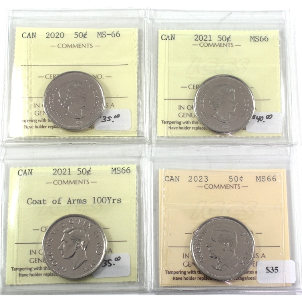 50-cent 2020, 2021, 2021 Coat of Arms 100 Yrs & 2023 ICCS MS66. 4pcs