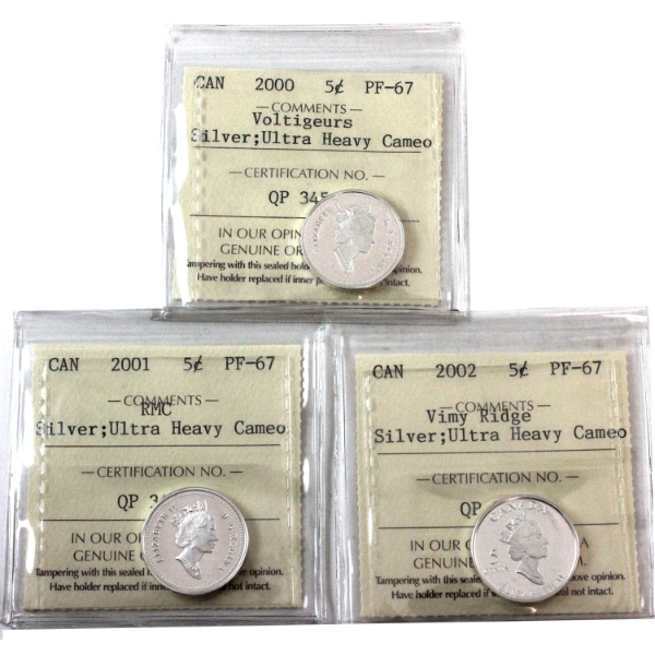 5-cent 2000 Voltigeurs Silver, 2001 RMC Silver & 2002 Vimy Ridge Silver  ICCS PF67 UHC